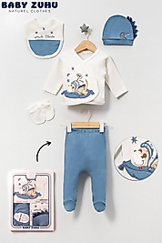 % 100 Pamuklu Nakış İşlemeli Sevimli Dino Mavi  Renk  Desenli 5 li Lüks Hastane Çıkışı Zıbın Seti ( Kutulu )