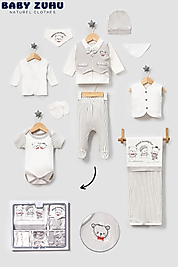 % 100Pamuklu Yelekli Papyonlu 10 lu Yenidoğan Hastane Çıkışı Zıbın Seti (Kutulu)