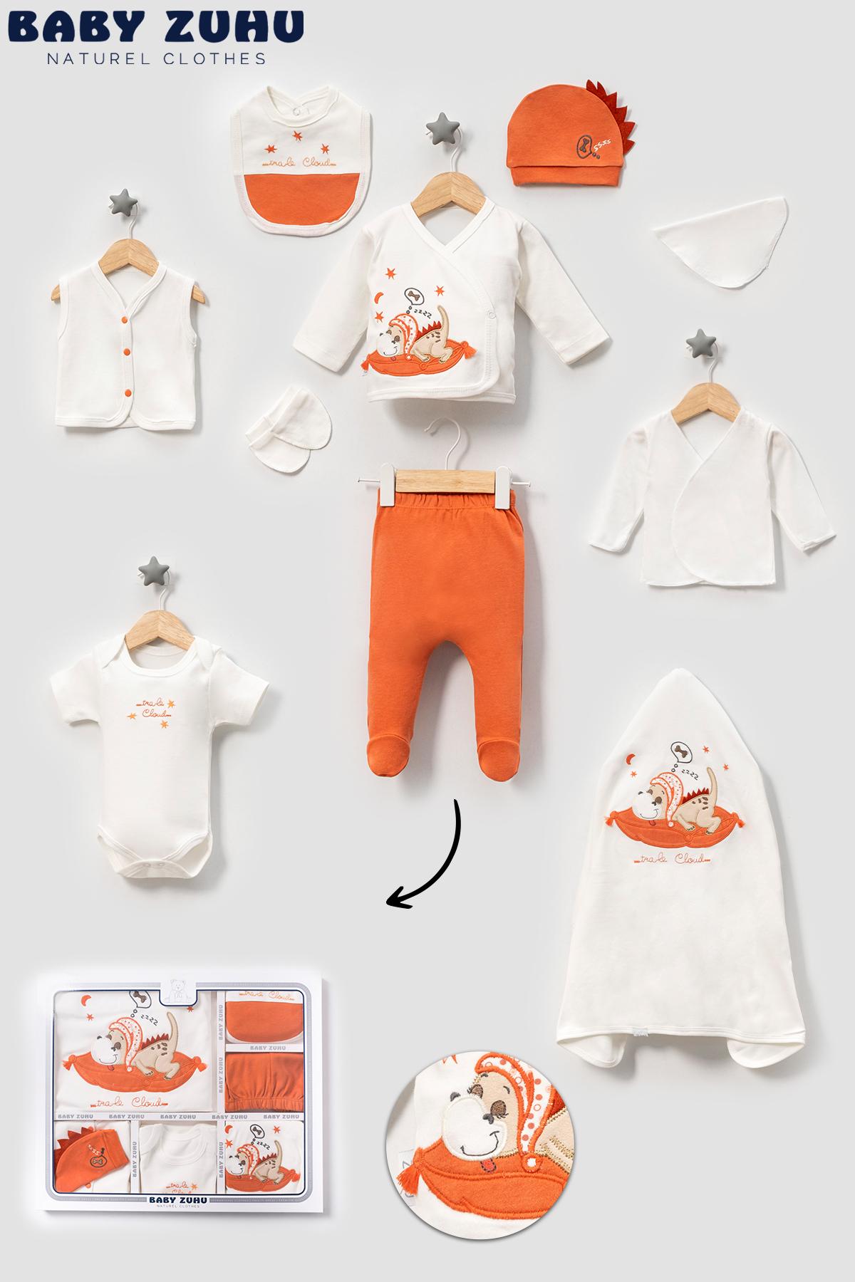 % 100 Pamuklu Nakış İşlemeli Sevimli Dino Desenli 10Parça Yenidoğan Hastane Çıkışı Zıbın Seti (kutulu)