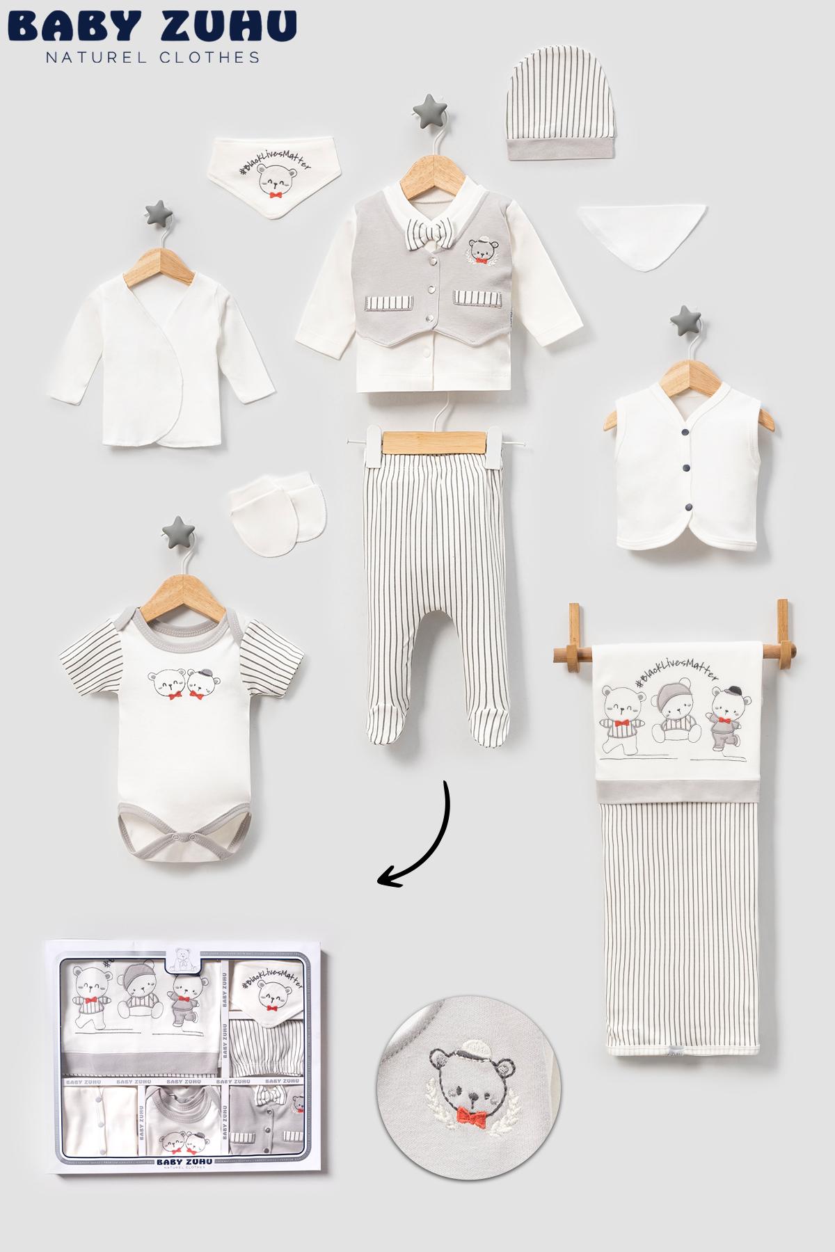 % 100Pamuklu Yelekli Papyonlu 10 lu Yenidoğan Hastane Çıkışı Zıbın Seti (Kutulu)